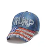 Trump Denim Hat Rhinestone Trump Beyzbol Kapağı Çizgili ABD Bayrak Kapakları Kadın Kızlar Snapback Başkan Şapkalar Açık Mekan Tasarımları 4 Designs5339968
