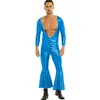 Catsuit en Faux cuir brillant pour hommes, 18 couleurs, décolleté en v profond, manches longues, body évasé Sexy, Costume de Cosplay Clown de carnaval