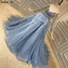 블루 V-Neck Backless 섹시한 지퍼 웨딩 드레스 긴 소매 진주 구슬 신부 가운 ha2374 맞춤 제작