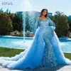 Gorgeous Blue Evening Dresses With Detachable Train 2021 Sequins Bling Tiered Tulle Mermaid Prom Dress Formal Party Gowns