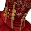 Haftowane wino Red Satin Medalllions Charra Quinceanera Sukienka Vestido Balowa Suknia Surowa Pociąg Wysoka Niska Nakładka z Organza Ruffles Western Sweet 16 Party Dress