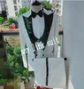 Popular One Button Ivory Groom Tuxedos Green Pattern Peak Lapel Groomsmen Mens Suits Wedding/Prom/Dinner Blazer (Jacket+Pants+Vest+Tie) K537