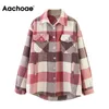 Aachoae Lâche Casual Laine Plaid Veste Femmes Col Rabattu Mode Manteau Avec Poches Automne À Manches Longues Dames Vestes Manteaux 200919