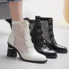 Womens Genuine Leather Mesh Patchwork Botton Female Spring New Thick High Heel Comfortable Short Ankle Boots Back Zip Shoes Boots Pharmacy