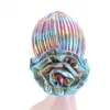 女性ホログラムメタリックレインボーターバン帽子花アフリカのヘッドラップビーニープレハイン弾性ボンネット脱毛ケモキャップ