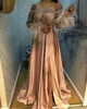 2020 New Evening Dresses Off Shoulder Long Sleeve Appliques Feather A Line Prom Gowns Custom Made Sweep Train Special Occasion Dress