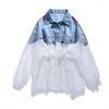 2020 Vår Sommar Mode Lace Patchwork Denim Jacka Kvinnor Casual Loose Zipper Tunna Jeans Sunscreen Coat Kvinnor Ytterkläder