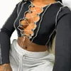 Kvinnor Patchwork Lace Up Long Sleeve Crop Topps Women Ribbed Sexy Party Knitwear T-Shirt Hollow Out BodyCon Club Tie Fram Top