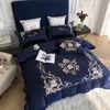 Royal Blue Elegant Brodery 60s Satin Washed Silk Bedbling Set Cotton Däcke Cover Bed Linen Fitted Sheet Pillow Cases Sängdukar B277B