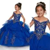 Billiga Royal Blue Peach Girls Pageant Klänningar Off Shoulder Guld Spets Broderi Pärlor Flower Girl Klänningar Barnkläder Födelsedag Nattvardklänning