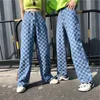 Ladies trousers Harajuku streetwear plaid print pattern washed jeans all-match loose casual men and women wide-leg pants