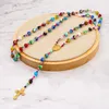 Shinus 2020 Mode Bohemian Kvinnor Smycken Frö Beaded Halsband Rainbow Macrame Christian Cross Pendant Popcorn Beads Halsband