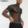 Camisetas masculinas INCERUN 2021 Fashion Men Mesh T Shirt See Through Respirável Manga Curta Slim Brilhante Party Boate Sexy Thin Camiseta