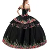 Uit Schouder Korte Mouwen Baskische Afneembare 2 Stuks Quinceanera Jurk Zwart Floral Kleurrijke Applique Tiered Hemline