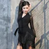 Large Size Latin Dance Dress New Adult Female Slim Tassel Skirt Sexy V-Neck Mesh Long-Sleeve Performance Dresses Woman DL6604