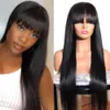 Lace Front Wigs Brasilian Remy HumanHair Bangs 8-28 tum Pre Plocked Natural Black Straight Full Machine Made 180% Naturlig Hårände