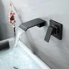 Basin Waterval kraan Mixer Wand gemonteerd Zwart Matte enkele handgreep in-wand badkamer wastafel kraan 2 gaten lot koude kraan torneira