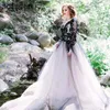 Black Lace And White Tulle Wedding Dresses Sexy V Neck Backless Illusion Long Sleeves Gothic Bridal Gowns