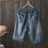 Retro buraco bordado algodão solto plus size feminino verão shorts casual curto femme denim jeans rasgados c5374