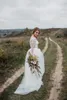 Landhochzeitskleider Brautkleider A-Linie Illusion Langarm Brautkleid 2021 Zweiteiler Elfenbein Tüll Applikation Spitze Boho Strand Vestidos