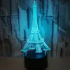 أدى الإبداعية 3D أضواء LED التبديل اللمس الجدول مصباح ملون برج ايفل الرؤية ستيريو ضوء التحكم عن بعد التدرج 3D ليلة الخفيفة