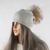 FURANDOWN Winter Autumn Pom Pom Beanies Hat Women Knitted Wool Skullies Casual Cap Real Raccoon Fur Pompom Hats