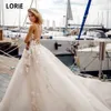 ローリービーチプリンセスウェディングドレスVネックノースリーブ3DフラワーレースアップリケバックレスBOHOの花嫁のドレスカスタムメイド