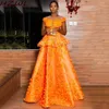 Laranja brilhante africanos Vestidos de baile com apliques florais Sheer Neck tampado Peplum Plus Size vestido de noite do desgaste do partido robe de soiree 2021