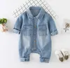 Spring Baby Toddler Långärmad Lapel Collar Denim Jeans Giraffe Rainbow Pattern Rompers Barn Spädbarn Jumpsuits Roupas de Bebe LY083