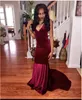 Burgundy Velvet Mermaid Prom Dresses Robes Oriental Dubai Arabic Evening Gowns Sexy V-Neck Open Back Vestidos de Fiesta