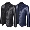 Män läder casual blazer jacka mode lös lapp läderdräkt plus storlek svartblå man
