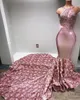 Dusty Pink Spaghetti Prom Dresses met Flora Lange Trein 2021 Kristallen Beaded Sheer Top Avondjurken Mermaid Formele Feestjurk