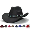 Wide Brim Hats Retro Women Men 100 Wool Cowboy Western Cowgirl Bowler Hat Fedora Cap Turquoise Bead Vintage Leather Band 57cmAdj8306101