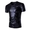 Mode män avslappnade toppar tshirt kort ärm vneck smal passform sken skjortor topp skjorta våt look tee stretch shirt metallic shiny6600231