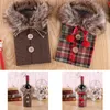 Creative Wine Cover with Bow Plaid Linen Bottle Clothes with Fluff Creative Wine Bottle Cover Fashion Christmas Decoration