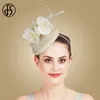 Fs gul fascinator hattar bröllop kvinnor eleganta damer vita brudhuvudkläder chapeau femme mariage13436190