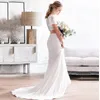 Vintage volle kanten jurken Korte mouwen Schep Nek Cutaway Back Taille Sweep Train Beach Wedding Jurk Vestido de Novia 403 403