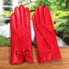 Latest 2021 Lambskin Butterfly Knot Real Leather Gloves Female Winter Plus Velvet Thicken Red Woman's Sheepskin L61221