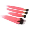 Brazilian hair 1b pink cuticle aligned hair extension silky straight wave ombre bundles with 4*4 closure