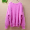 Elegant Fashion Fluffy short women winter 100% long mink cashmere angora fur warm lantern batwing long sleeves Pullover sweater LJ200917