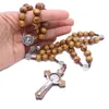 Rosaire double bois argent tibétain pendentifs croix colliers style long cru pull chaîne Catholicisme Jésus 15pcs bijoux de mode