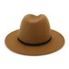 Chapeaux Fedora de Jazz en laine pour hommes et femmes, avec ceinture en cuir, à large bord plat, chapeau formel de fête, Trilby Panama Fedoras