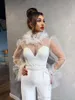 Moda Kadınlar Tulumlar Gelinlik Modelleri Illusion Puff Uzun Kollu Yüksek Boyun Beyaz Dantel Saten Abiye Giyim Pantolon takımlar Custom Made elbiseler de bal