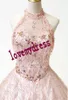 Rose Pink 2021 Quinceanera Dresses For Sweet 16 Girls High Neck Beading Cold Shoulder Crystal Bling Tulle Corset Back Ball Gowns Prom Long