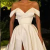 Modern Thigh High Slits Country Wedding Dresses Off the Shoulder Pleat Satin Skirt Sweep Train Bridal Gowns312P