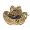 Summer Natural Salt Grass Handmade Crochet Straw Hat Breathable Western Cowboy Cowgirl Beach Cap Large Brim Travel Sun Hat