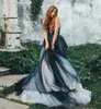 2021 Vintage Navy Black And White Wedding Dresses Bridal Gowns With Trains Off Shoulder V Neck Gothic Long Country Boho Appliques Lace tulle Formal Beach Bride Dress