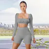 Survêtements femme Fannic 2021 été couleur unie col carré plissé à manches longues T-shirt et Short deux pièces femme Suit1