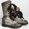 Style occidental personnalisé rétro laçage brosse couleur bottes romaines pour femmes Hlaf chevalier bottes imprimé fleuri chaussures usine en gros