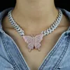 New 15mm Iced Out Bling CZ Cuban Link Chain Rose Gold Pink Butterfly Necklace Silver Color 2Row CZ Choker women Hip Hop jewelry